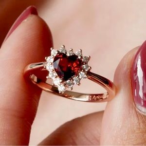Red Heart Gem Ring, Gold Plated 925 Sterling Silver, Ruby Red Signet Charm NEW